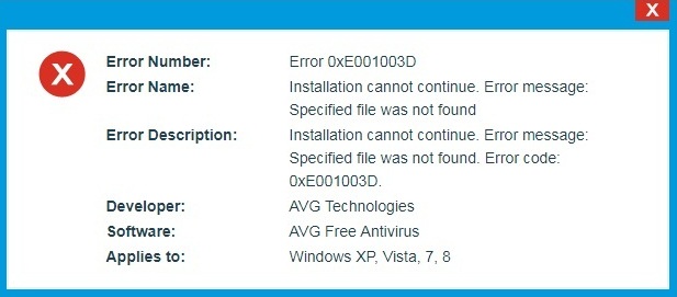 AVG Error Code 0xe001003D