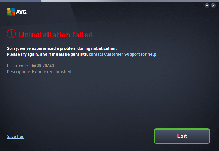 AVG uninstall error code 0xc0070643