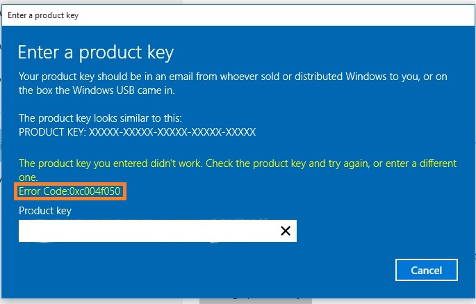 Windows 10 Error code 0xc004f050
