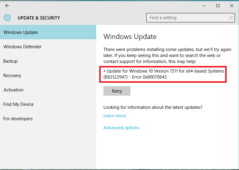 Windows Update Error 0x80070643
