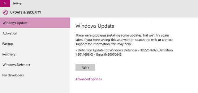 Error 0x80070643 Windows Defender