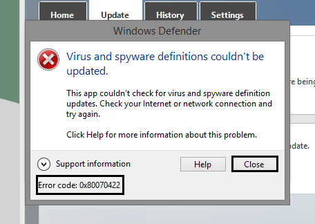 Windows Defender Error Code 0x80070422