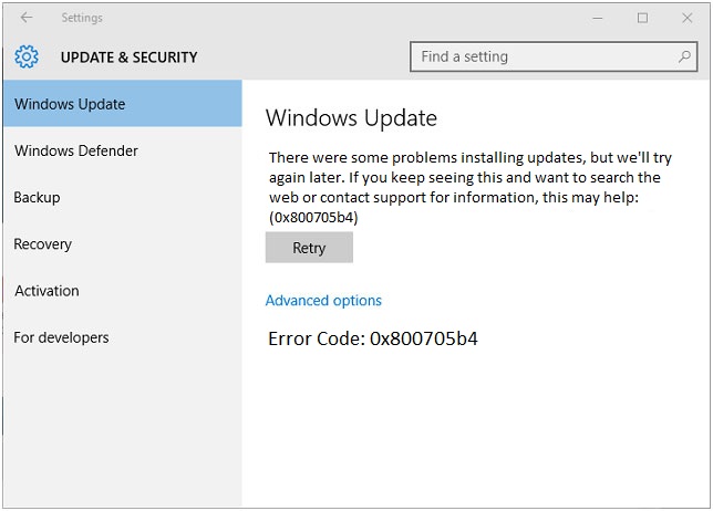 Windows Defender Error Code 0x800705b4